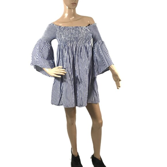 Zara Smocked Dress Bell Sleeve Blue White Striped Casual Dress S - Picture 5 of 15